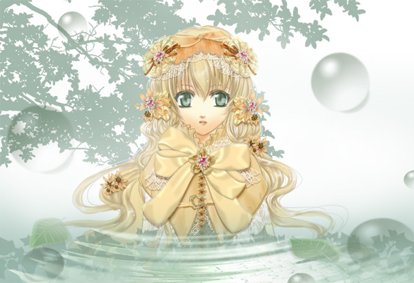 subaru mikami, original, bad id, bad pixiv id, blonde hair, blue eyes, flower, hairband, long hair, solo, water