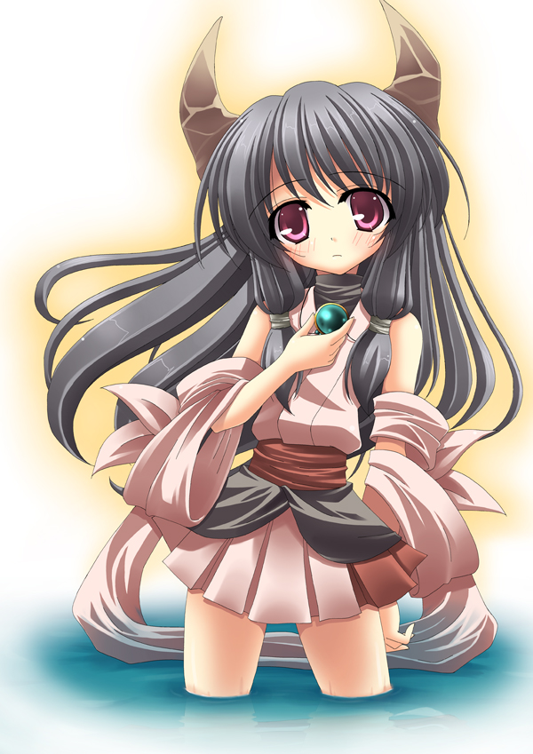 rappa (rappaya), naga (staygarden), ryuujin naga, 1girl, bare shoulders, black hair, detached sleeves, female focus, horns, long hair, red eyes, solo, wading, water