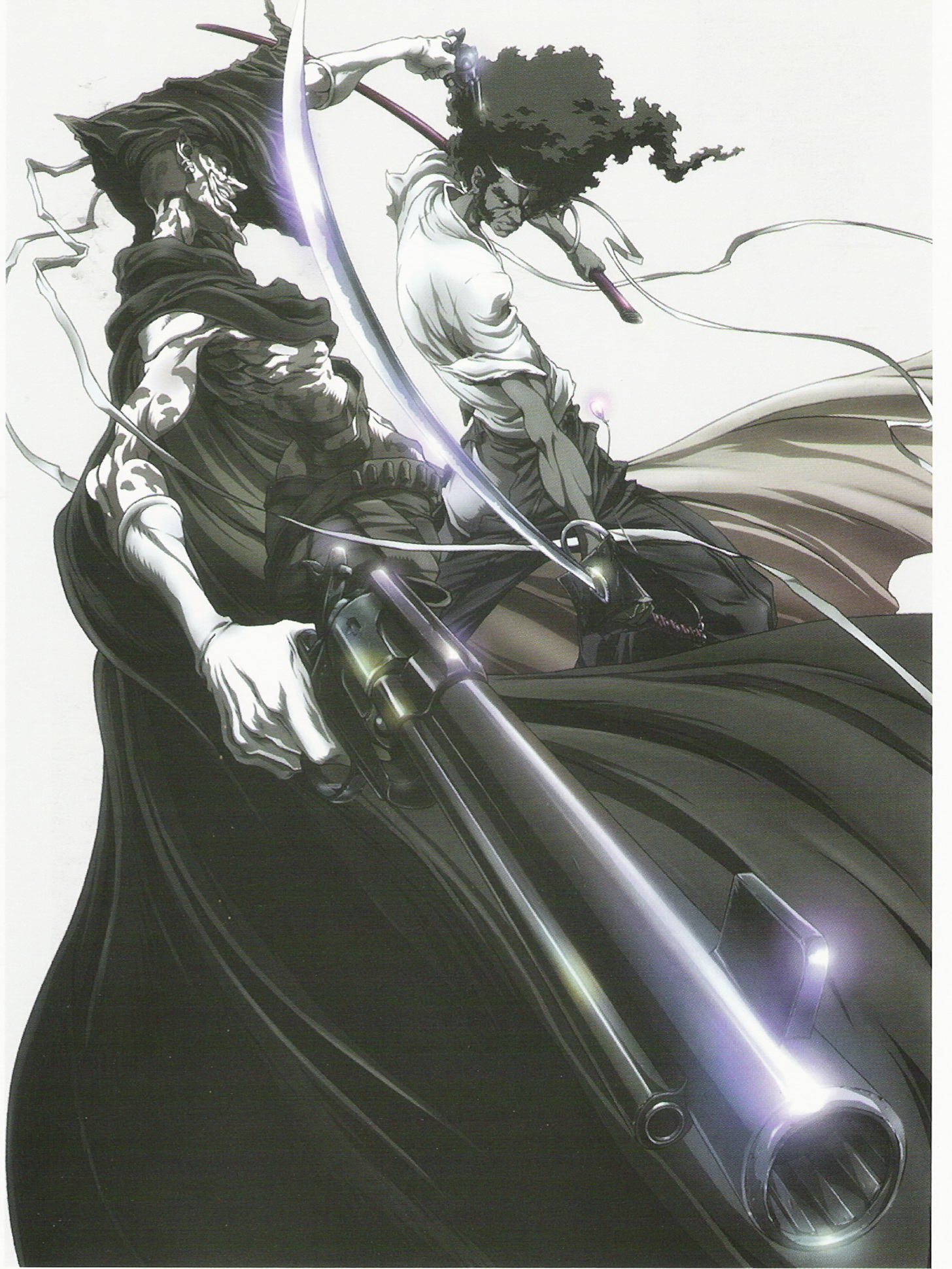takashi okazaki, afro samurai (character), justice (afro samurai), afro samurai, highres, official art, 2boys, gun, katana, male focus, multiple boys, sword, weapon, white background