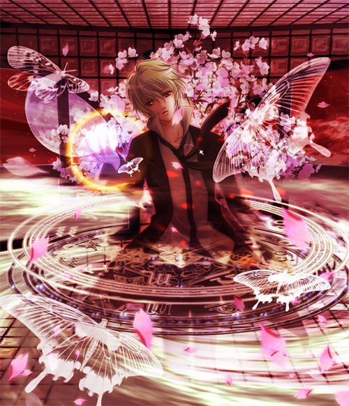 subaru mikami, bad id, bad pixiv id, 1boy, bug, butterfly, cherry blossoms, flower, formal clothes, magic circle, male focus, moon, necktie, short hair, solo, suit