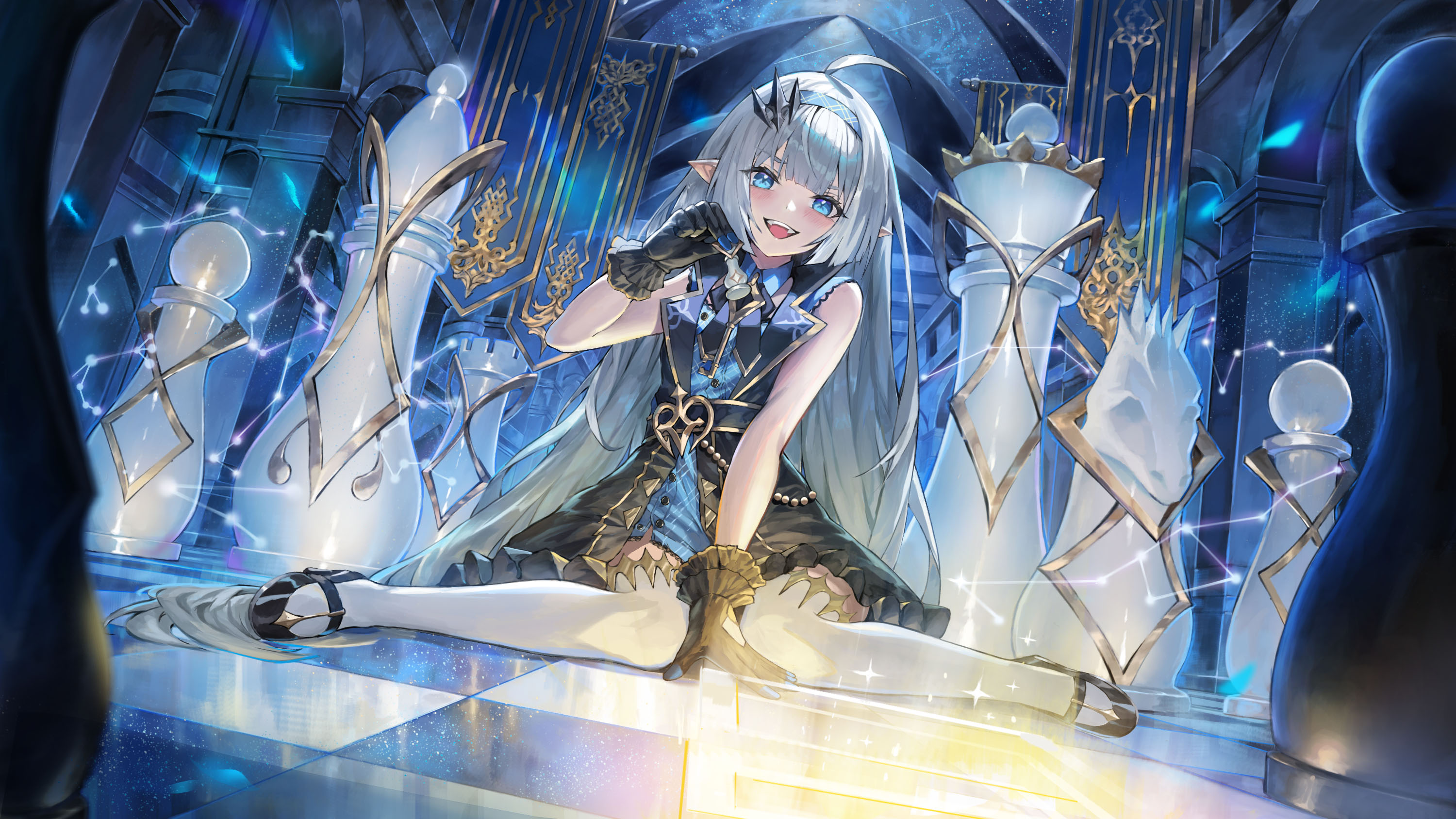 cost (kftf4582), female tyrant (stella sora), tyrant (stella sora), stella sora, commentary, highres, 1girl, ahoge, aquarius (constellation), arcade (architecture), arch, banner, bishop (chess), black dress, black gloves, black ribbon, black shoes, blue dress, blue eyes, blue hairband, blush, board game, buttons, chess, chess piece, coat dress, constellation, dress, dutch angle, extra pupils, frilled gloves, frills, gloves, grey hair, hair ornament, hairband, hand on ground, holding, holding chess piece, jewelry, key, key necklace, knight (chess), layered dress, leo (constellation), long hair, looking at viewer, mary janes, neck ribbon, necklace, open mouth, pawn (chess), pointy ears, queen (chess), ribbon, rook (chess), shoes, sitting, sky, sleeveless, sleeveless dress, smile, solo, star (sky), starry sky, thighhighs, tile floor, tiles, very long hair, wariza, white thighhighs