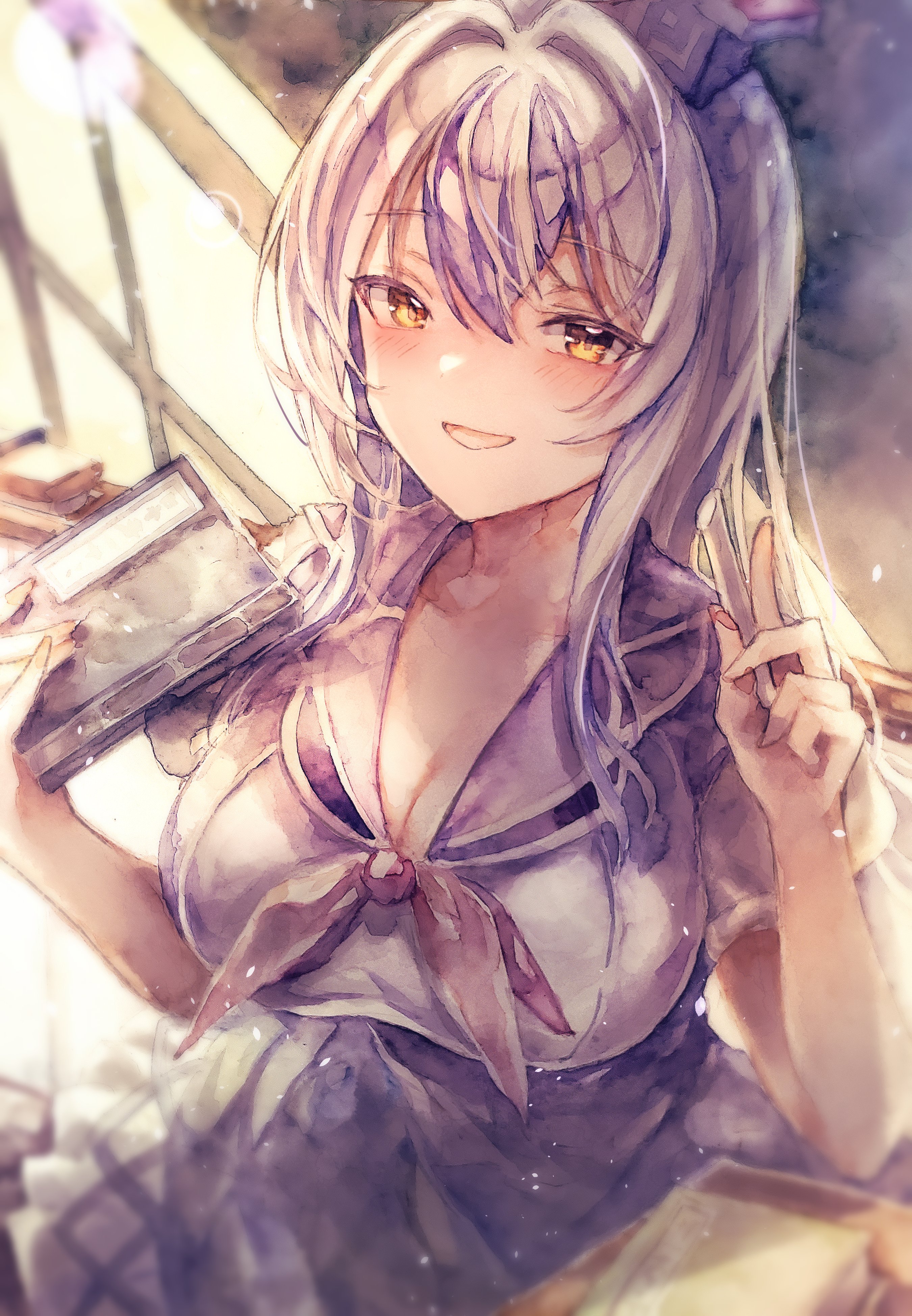 kamu kotan, kamishirasawa keine, touhou, absurdres, commentary, highres, traditional media, 1girl, blue dress, blue hat, blush, board eraser, book, breasts, chalk, chalkboard, cleavage, dress, grey hair, hat, holding, holding book, holding chalk, large breasts, long hair, looking at viewer, open mouth, short sleeves, smile, solo, yellow eyes