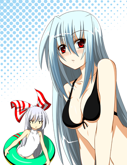 fumihiro, fujiwara no mokou, kamishirasawa keine, touhou, silver hair, 2girls, bikini, bikini top only, blue hair, blush, breast envy, breasts, cleavage, female focus, flat chest, front-tie top, hair ribbon, innertube, large breasts, long hair, looking at breasts, multiple girls, one-piece swimsuit, red eyes, ribbon, simple background, swim ring, swimsuit, very long hair