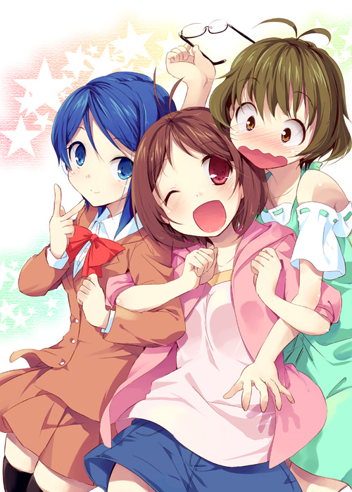 takatsuki tsukasa, akizuki ryo, hidaka ai, mizutani eri, idolmaster, idolmaster dearly stars, 00s, 1boy, 2girls, blue eyes, blue hair, blush, brown hair, glasses, multiple girls, one eye closed, red eyes, short hair, star (symbol), thighhighs, trap, v, wink