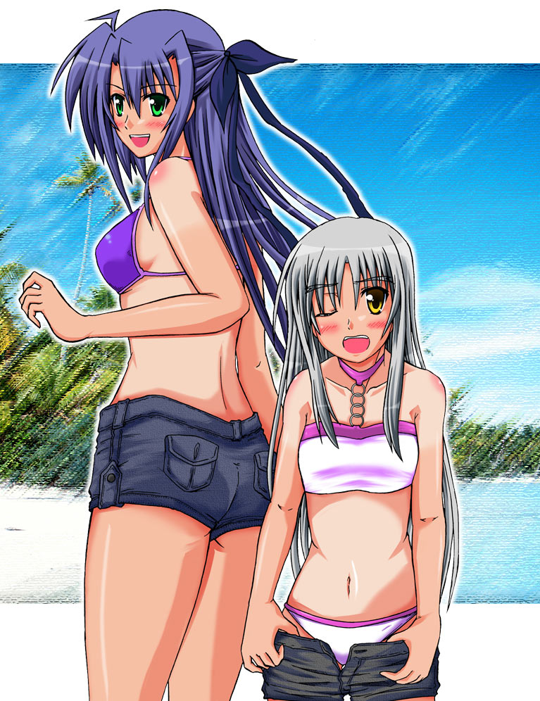 sakazaki akira, zakkii, cinque (nanoha), ginga nakajima, numbers (nanoha), lyrical nanoha, mahou shoujo lyrical nanoha, mahou shoujo lyrical nanoha strikers, silver hair, bad id, bad pixiv id, 00s, 2girls, ;o, bikini, bikini top only, blush, day, green eyes, hair ribbon, halterneck, height difference, long hair, midriff, missing eye, multiple girls, navel, one eye closed, open mouth, purple hair, ribbon, shirt tan, shorts, smile, swimsuit, tan, tanline, undressing, wink, yellow eyes