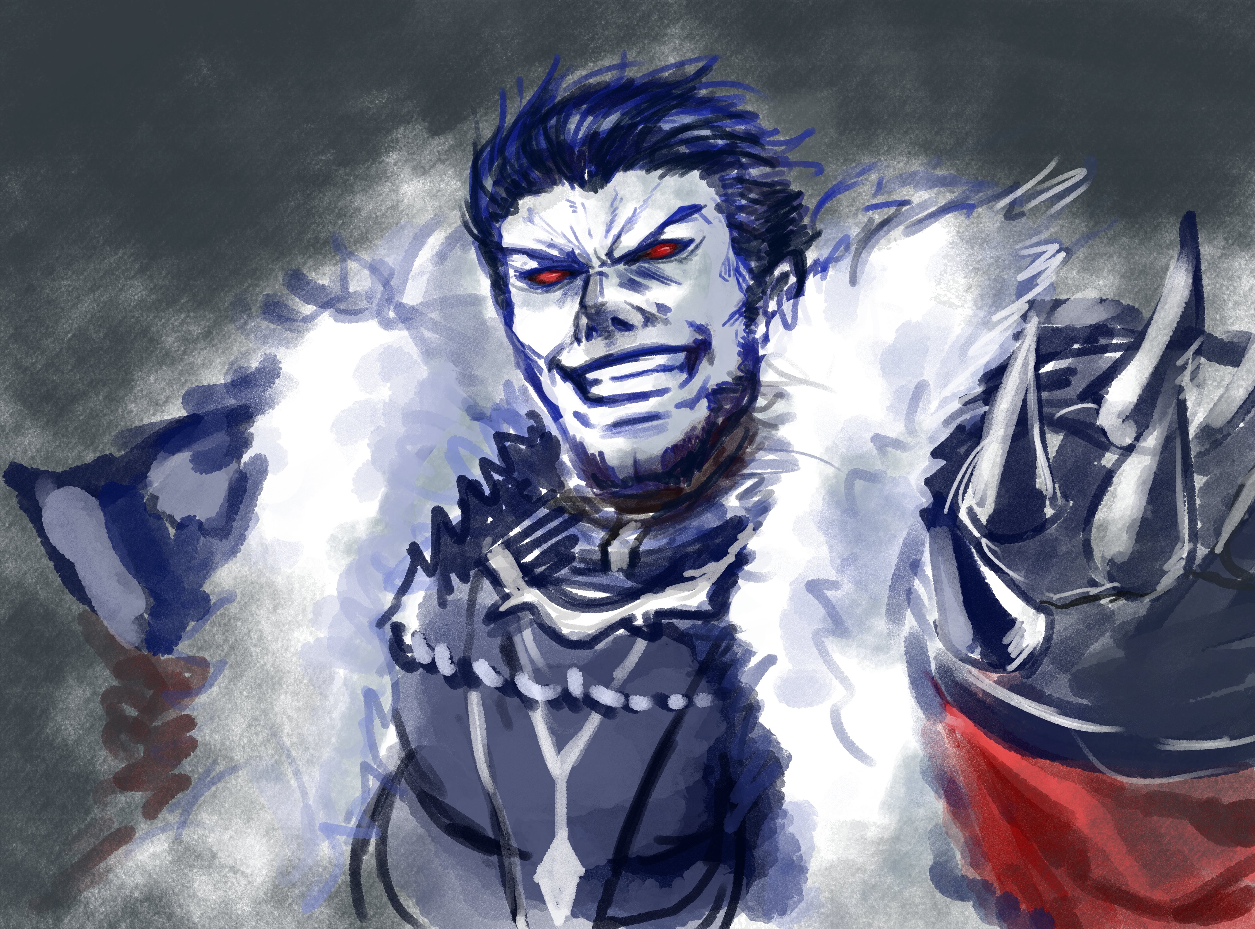 marukubi9595, ashnard (fire emblem), fire emblem, fire emblem: path of radiance, nintendo, absurdres, commentary request, highres, 1boy, armor, blue hair, colored sclera, evil grin, evil smile, facial hair, fur trim, grin, male focus, red sclera, short hair, sketch, smile, solo, upper body