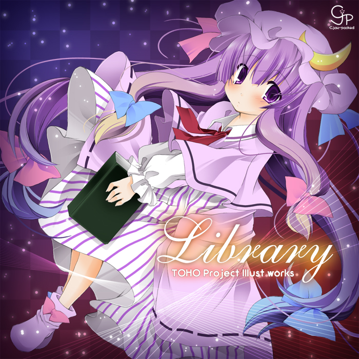 sakurato arusu, patchouli knowledge, touhou, bad id, bad pixiv id, 1girl, book, bow, female focus, hat, long hair, pink bow, purple eyes, purple hair, ribbon, solo