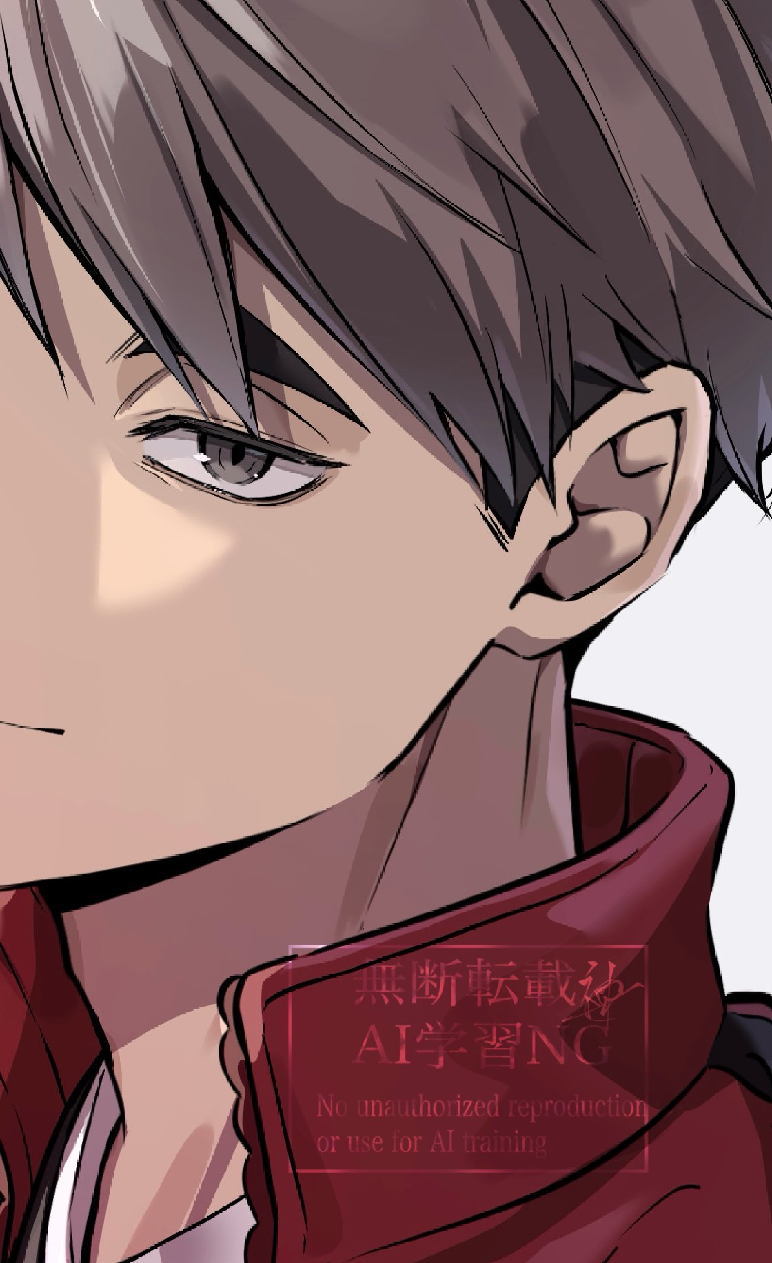 zero shir0, miya osamu, haikyuu!!, commentary request, highres, 1boy, black hair, closed mouth, grey eyes, grey hair, high collar, jacket, looking at viewer, male focus, red jacket, short hair, solo, undercut, watermark