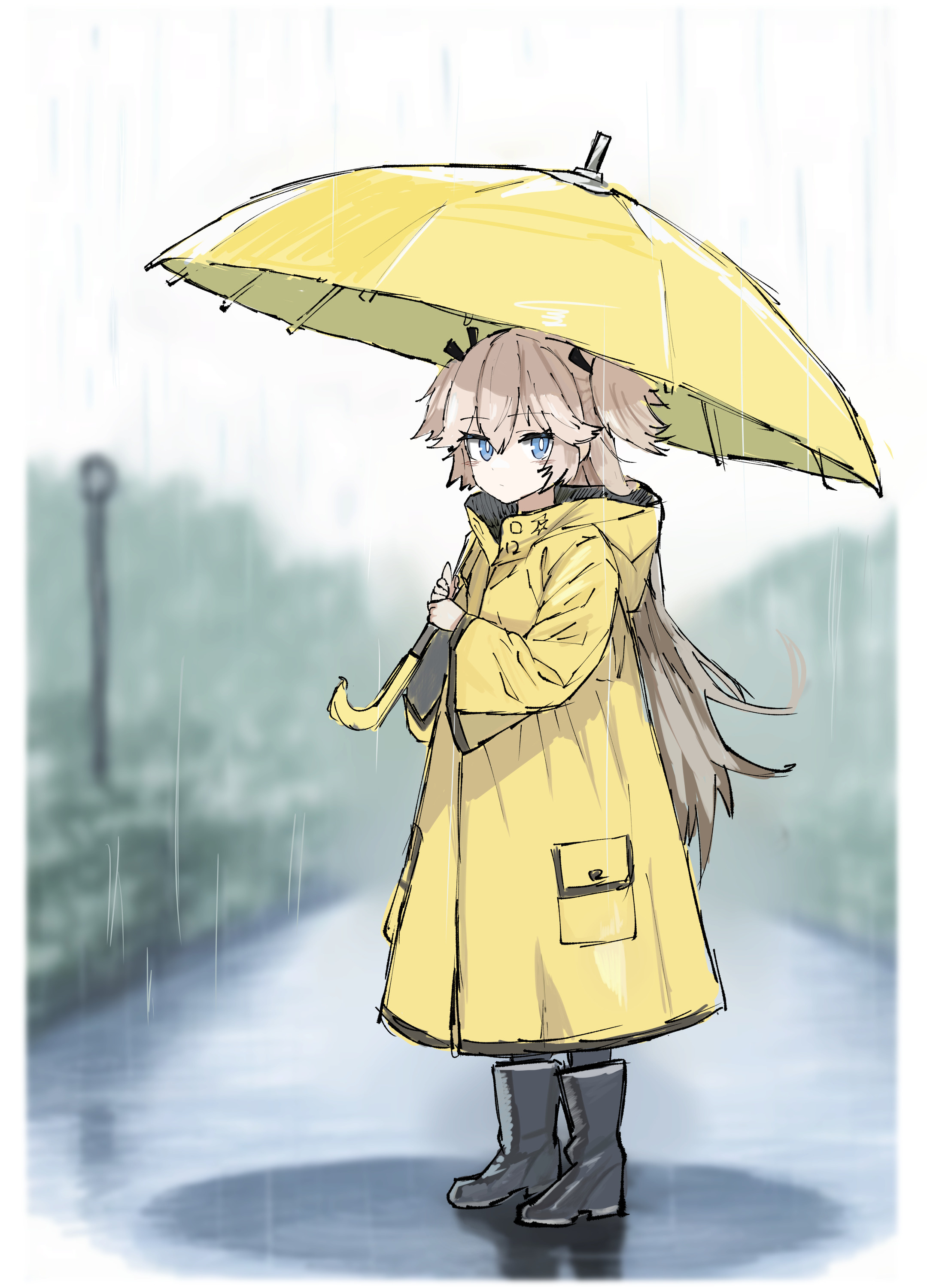 r scrubed, super-shorty (girls' frontline), girls' frontline, absurdres, highres, 1girl, alternate costume, black boots, black ribbon, blonde hair, blue eyes, blurry, blurry background, boots, closed mouth, coat, dot mouth, full body, hair ribbon, holding, holding umbrella, hood, hooded coat, long hair, looking at viewer, outdoors, rain, raincoat, ribbon, solo, umbrella, yellow raincoat, yellow umbrella