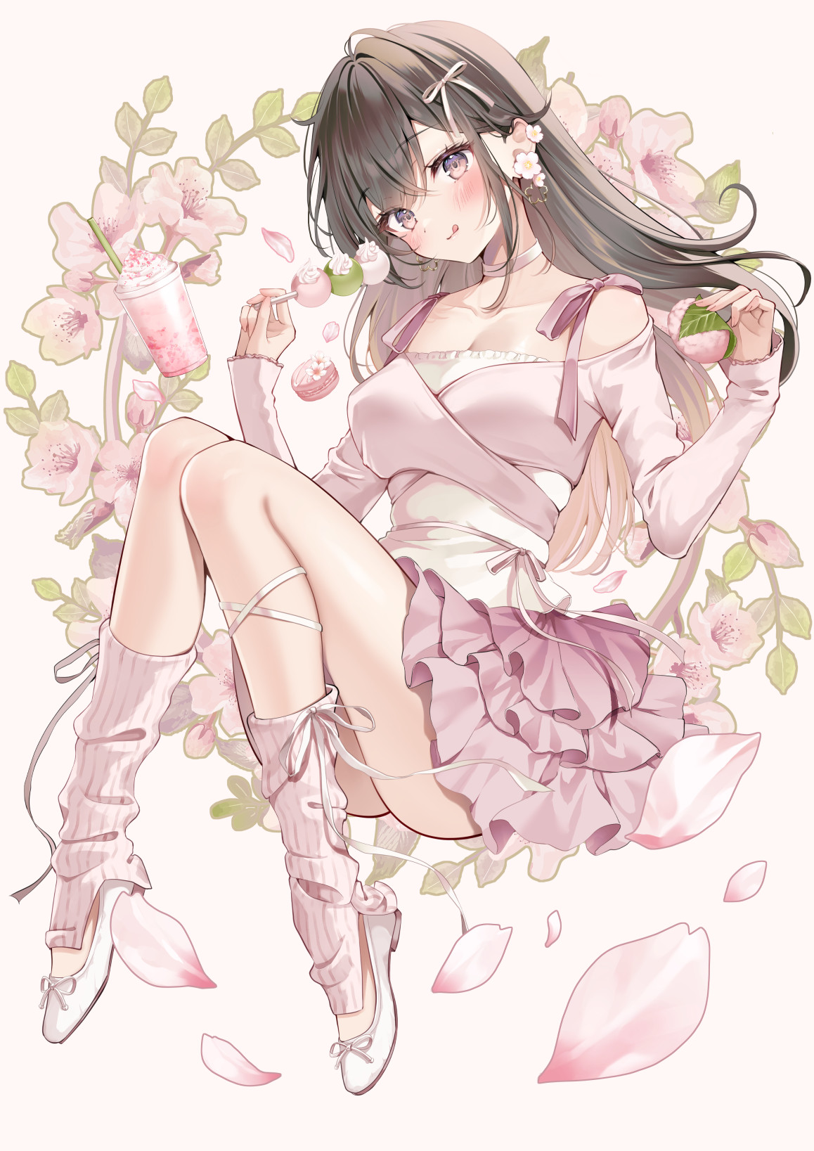 yugaa, azato jk (yugaa), original, commentary request, highres, revision, 1girl, :q, bare shoulders, blush, bow, breasts, brown hair, choker, cleavage, closed mouth, collarbone, dango, earrings, flower, food, hair bow, hair flower, hair ornament, hair ribbon, holding, holding food, jewelry, long hair, long sleeves, looking at viewer, medium breasts, mochi, pink shirt, pink skirt, purple eyes, ribbon, sakura mochi, sanshoku dango, shirt, shoes, sidelocks, sitting, skirt, smile, solo, tongue, tongue out, wagashi, white bow, white choker, white ribbon