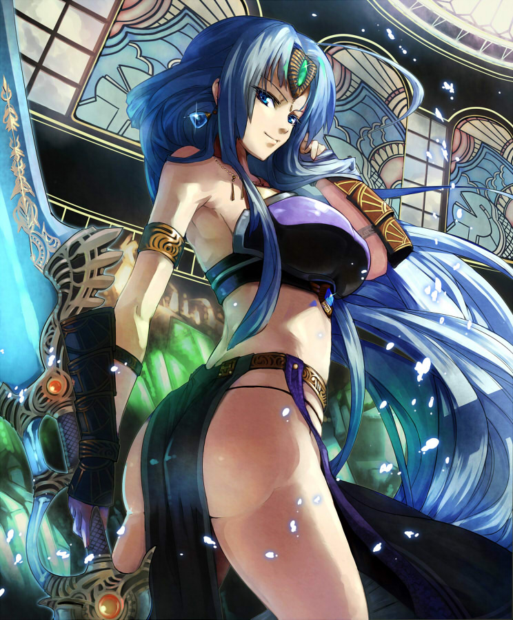 akinaie, 1girl, ass, blue eyes, blue hair, earrings, female focus, gauntlets, huge weapon, jewelry, loincloth, long hair, matching hair/eyes, necklace, solo, sword, very long hair, weapon