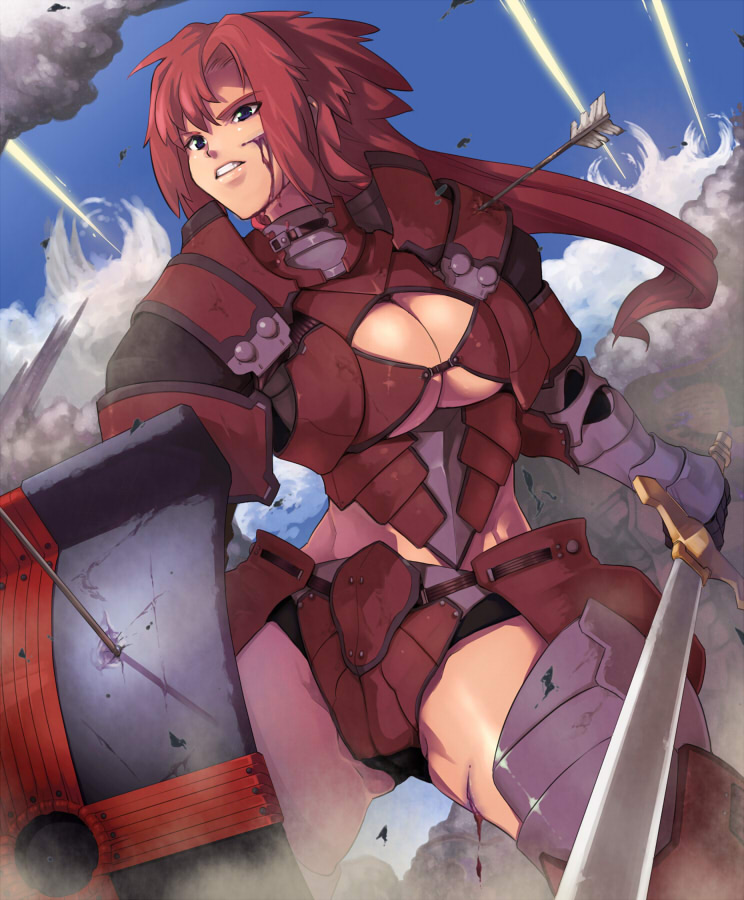 akinaie, 1girl, armor, arrow (projectile), bikini armor, blood, breasts, cleavage, cuts, female focus, gauntlets, injury, large breasts, long hair, red hair, shield, solo, sword, weapon
