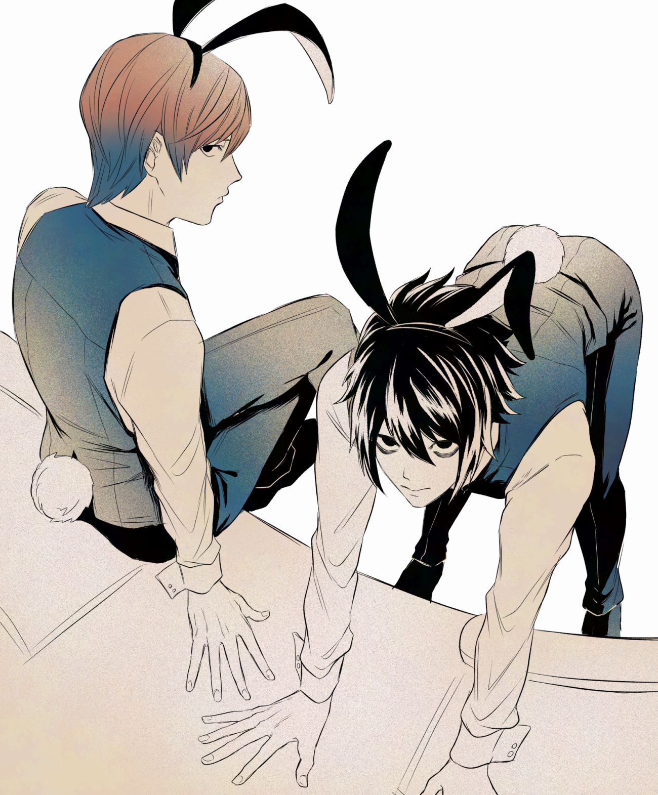 l (death note), yagami light, death note, commentary request, highres, 2boys, animal ear hairband, animal ears, bags under eyes, bent over, black hair, black hairband, black pants, brown hair, closed mouth, collared shirt, crossed legs, fake animal ears, hairband, looking at viewer, male focus, multiple boys, no eyebrows, pants, rabbit ears, rabbit tail, shirt, sitting, space youkai, tail, vest, waistcoat, white background, white shirt
