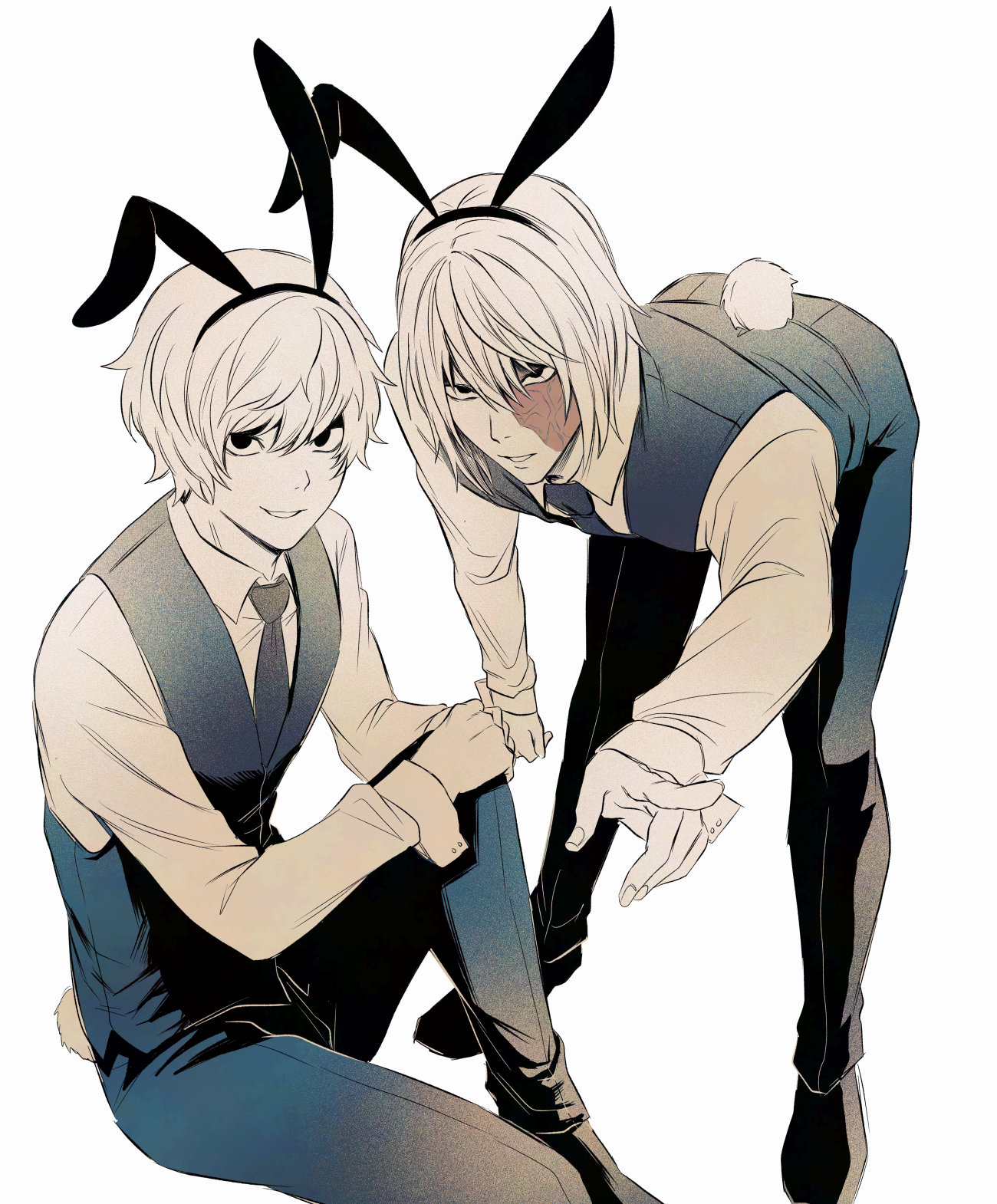 mello (death note), near (death note), death note, commentary request, highres, 2boys, animal ear hairband, animal ears, bent over, black hairband, black necktie, black pants, black shoes, black vest, collared shirt, facial scar, fake animal ears, hair between eyes, hairband, light smile, male focus, multiple boys, necktie, no eyebrows, pants, parted lips, pointing, pointing at viewer, rabbit ears, rabbit tail, scar, scar across eye, scar on cheek, scar on face, shirt, shoes, short hair, sitting, space youkai, tail, vest, waistcoat, white background, white shirt