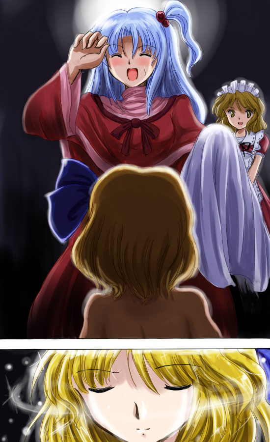 flx, alice margatroid, alice margatroid (pc-98), shinki (touhou), yumeko (touhou), mystic square, touhou, touhou (pc-98), silver hair, 3girls, blonde hair, blush, female focus, hair bobbles, hair ornament, maid, multiple girls, nude, ribbon, short hair, side ponytail, yellow eyes