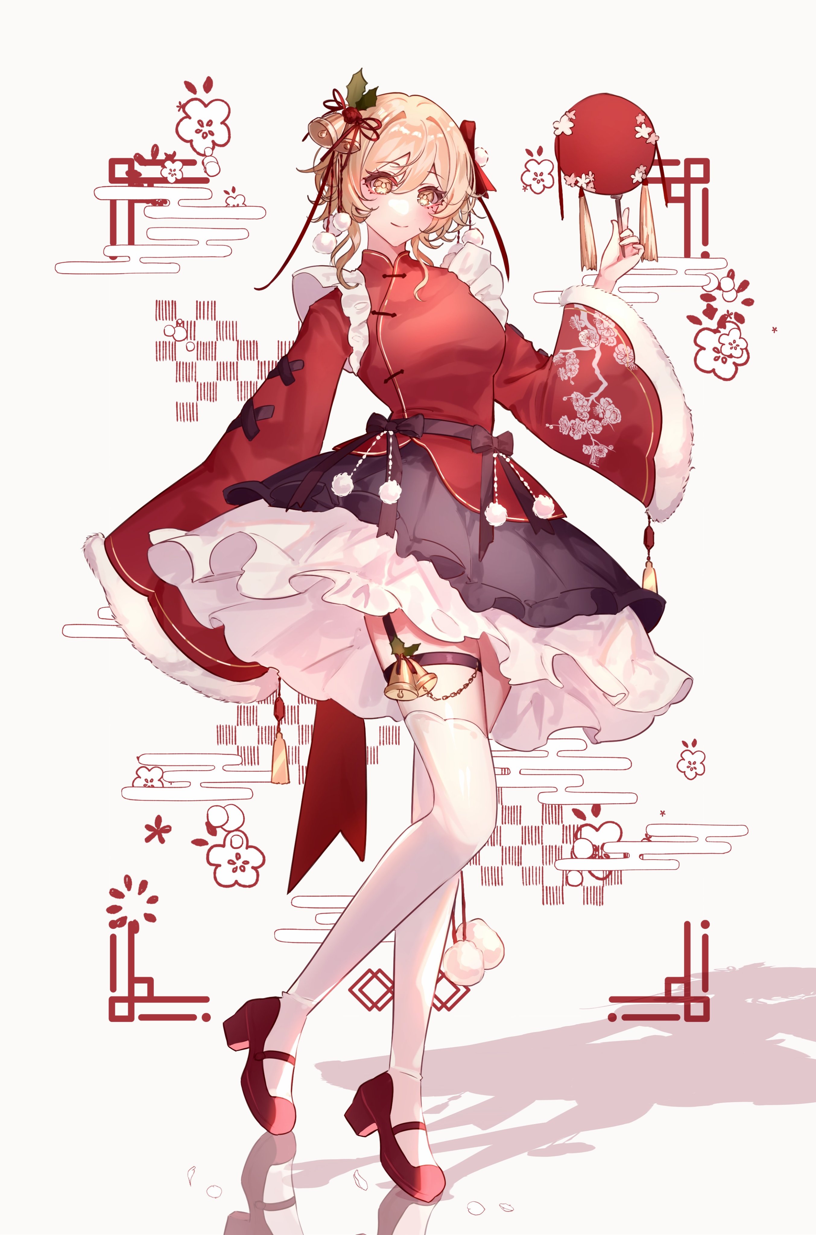 abyss of alyss, lumine (genshin impact), genshin impact, absurdres, commentary request, highres, 1girl, alternate costume, bell, blonde hair, breasts, chinese clothes, christmas, closed mouth, dress, full body, fur-trimmed sleeves, fur trim, hair bell, hair ornament, hair ribbon, hand fan, hand up, high heels, holding, holding fan, long sleeves, looking at viewer, medium breasts, pom pom (clothes), pom pom hair ornament, red dress, red shoes, ribbon, shadow, shoes, short hair with long locks, smile, solo, thigh strap, thighhighs, white background, white thighhighs, wide sleeves, yellow eyes