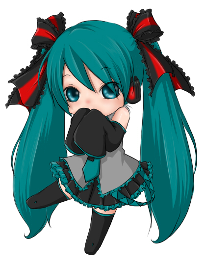 hatsune miku, vocaloid, 1girl, aqua eyes, aqua hair, chibi, detached sleeves, female focus, full body, hair ribbon, long hair, necktie, ribbon, simple background, skirt, solo, thighhighs, twintails, white background