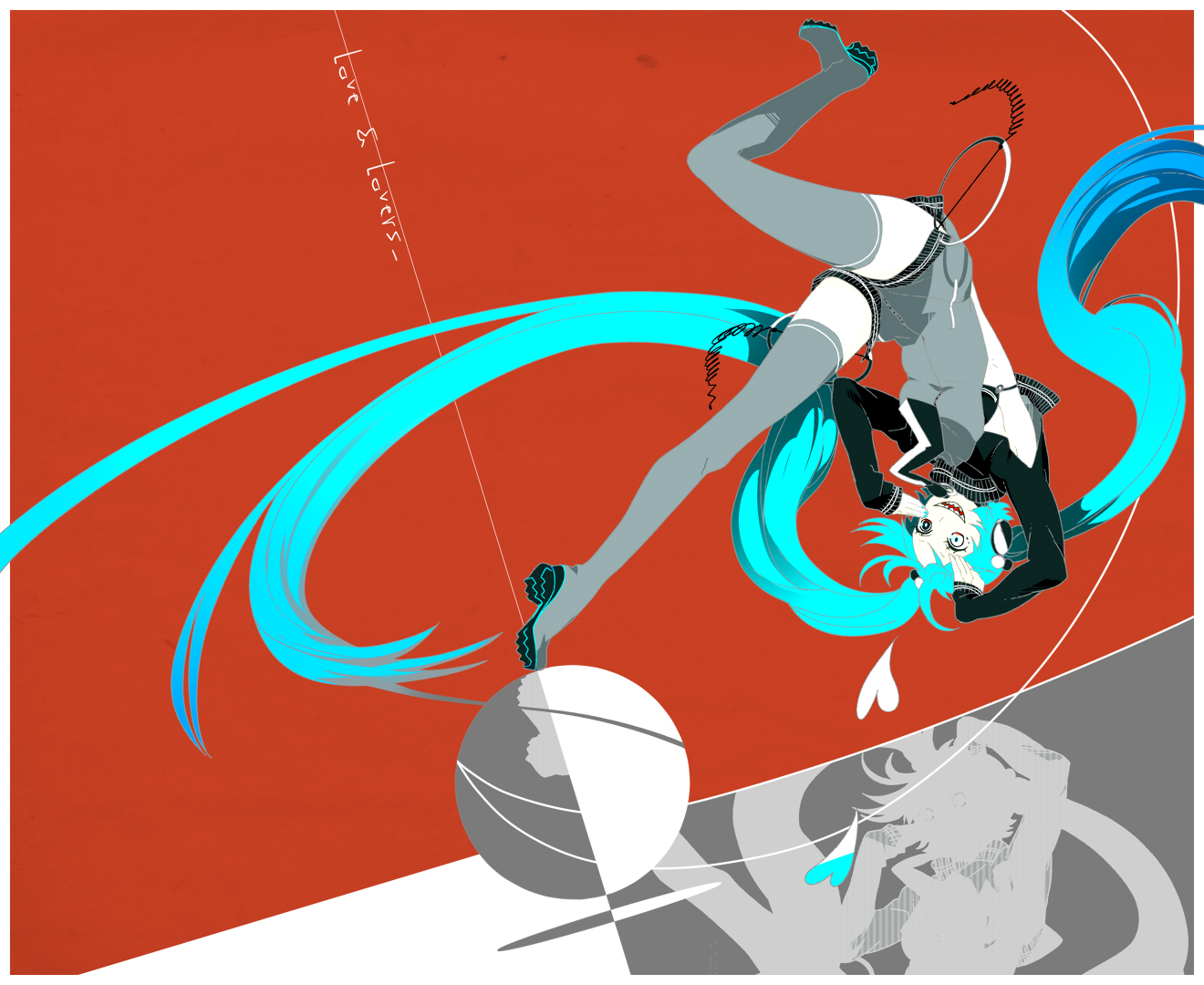 mohikan5, hatsune miku, ura-omote lovers (vocaloid), vocaloid, bad id, bad pixiv id, 1girl, aqua hair, boots, crazy eyes, female focus, flat color, heterochromia, jumping, legs, long hair, shorts, smile, solo, thigh boots, thighhighs, twintails, very long hair