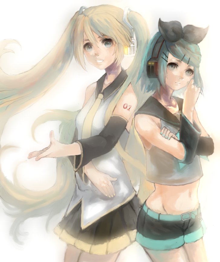 nishizawa, hatsune miku, kagamine rin, sakasama rainbow (vocaloid), vocaloid, bad id, bad pixiv id, 2girls, alternate color, alternate costume, aqua eyes, back-to-back, beckoning, blonde hair, blue hair, blue nails, crossed arms, detached sleeves, groin, hair ornament, hair ribbon, hairclip, headphones, long hair, midriff, multiple girls, nail polish, necktie, ribbon, short hair, shorts, simple background, skirt, twintails, very long hair, yellow nails