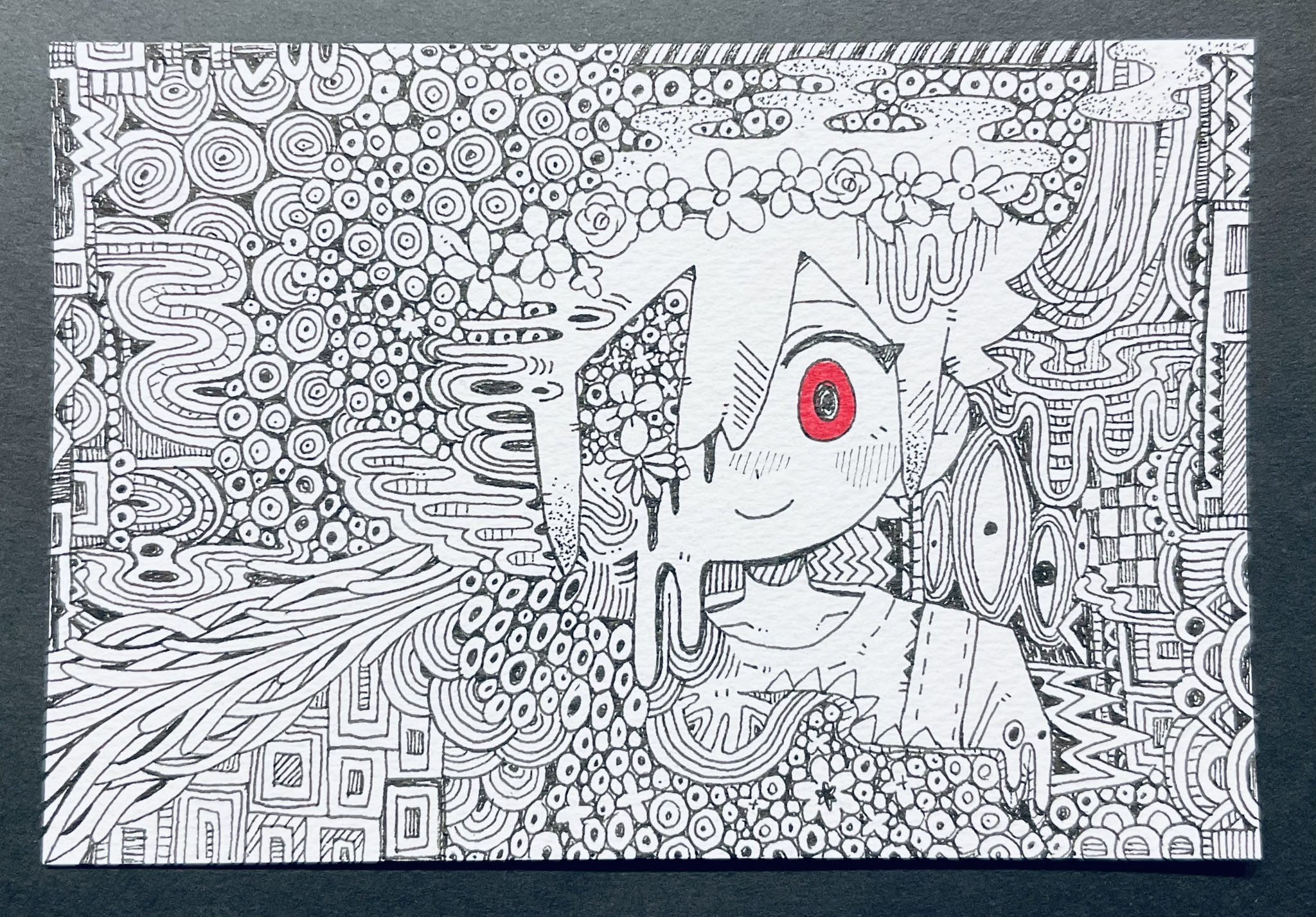 uminosoko44, basil (headspace) (omori), basil (omori), something (omori), omori, highres, traditional media, 1boy, closed mouth, collarbone, double-parted bangs, flower, flower wreath, greyscale, hair between eyes, head wreath, monochrome, overalls, red eyes, shirt, sidelocks, smile, solo, spot color, upper body