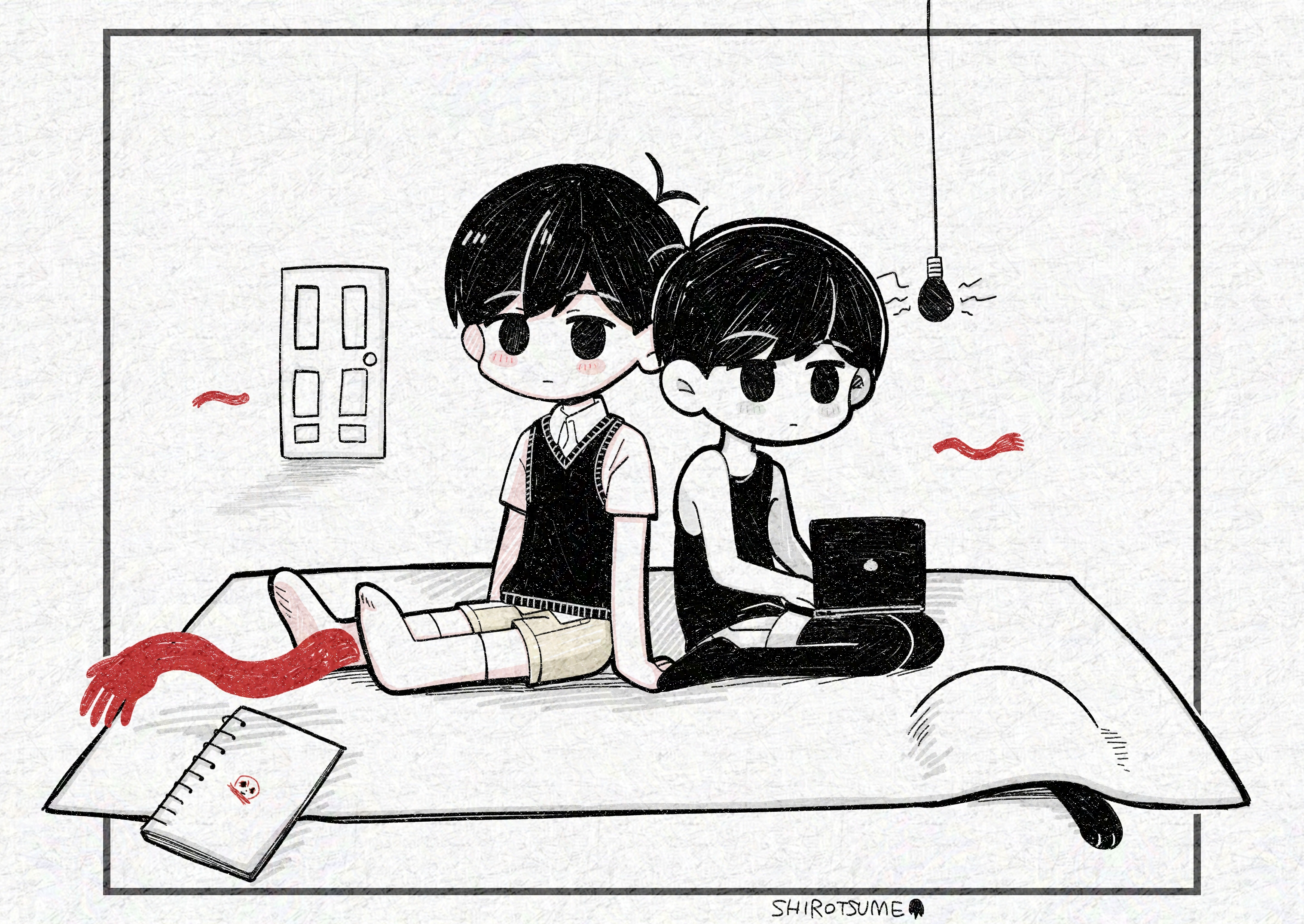 shirotsume 143, mewo, omori (omori), sunny (omori), omori, commentary request, highres, 2boys, antenna hair, arm support, artist name, black eyes, black hair, black sweater vest, black tank top, black thighhighs, blush, brown shorts, cat, chibi, chibi only, closed mouth, collared shirt, colored skin, computer, door, double-parted bangs, dual persona, hair between eyes, laptop, light bulb, male focus, multiple boys, rug, shirt, short sleeves, shorts, sitting, sketchbook, socks, striped clothes, striped shorts, sweater vest, tank top, thighhighs, vertical-striped clothes, vertical-striped shorts, wariza, white shirt, white shorts, white skin, white socks