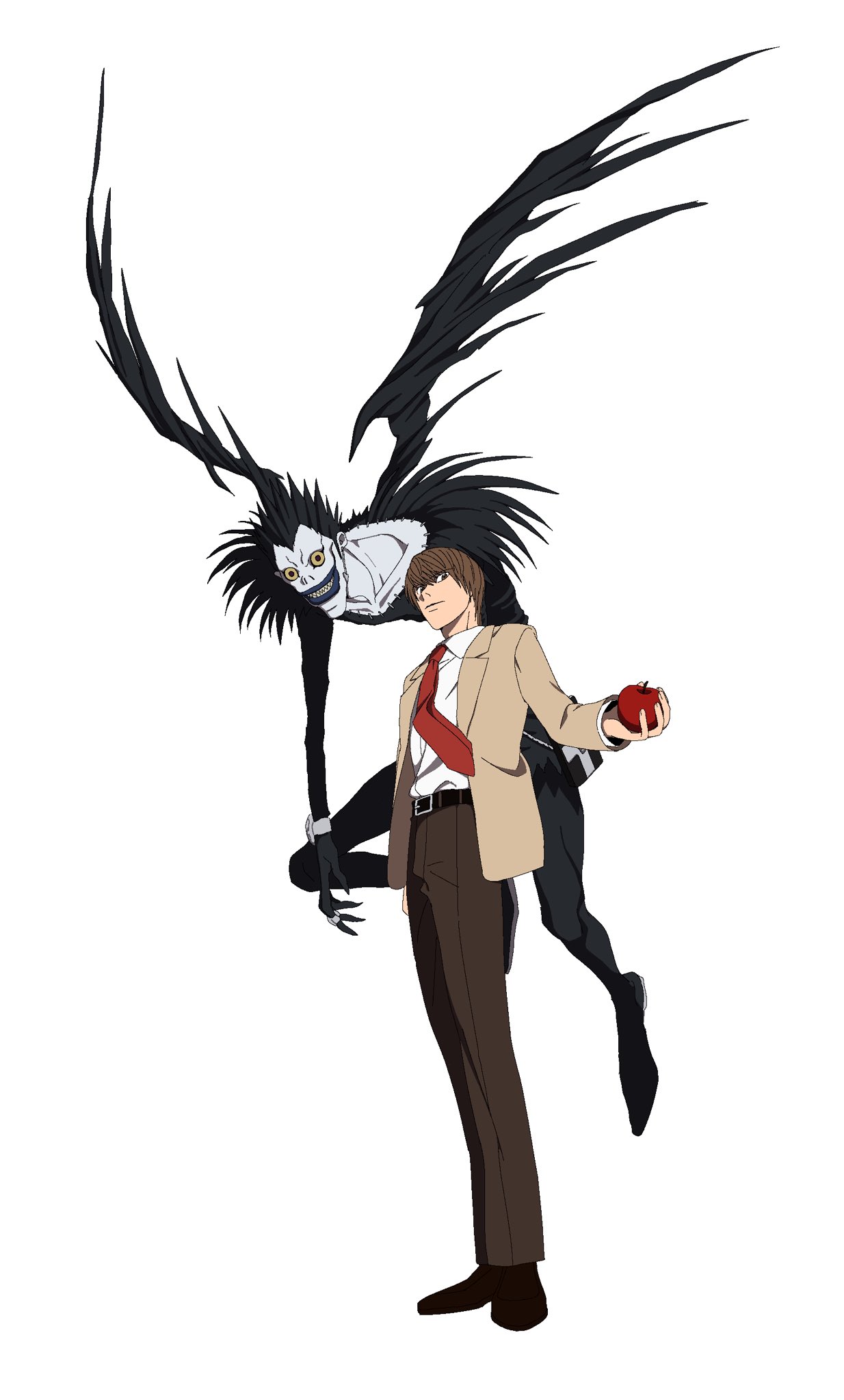 popo92 z, ryuk, yagami light, death note, highres, 2boys, apple, black shoes, black wings, brown hair, brown jacket, brown pants, claws, collared shirt, colored skin, flying, food, fruit, full body, grey skin, hair between eyes, holding, holding food, holding fruit, jacket, male focus, multiple boys, necktie, pants, red necktie, sharp teeth, shinigami, shirt, shoes, short hair, smile, standing, suit jacket, teeth, white background, white shirt, wings, yellow eyes