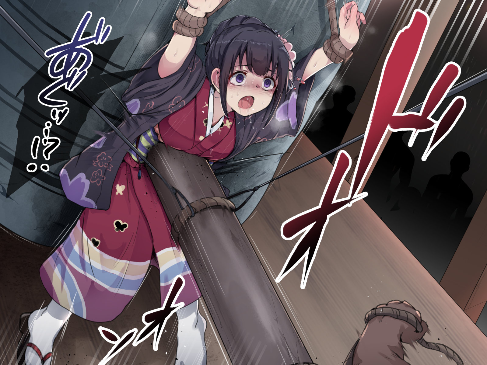 yotaka (d8spc4r3), original, commentary request, highres, 1girl, bell, black hair, black jacket, breasts, hair bun, happi, jacket, japanese clothes, kimono, open mouth, people, purple eyes, red kimono, restrained, rope, ryona, ryona no kane, tabi, tears