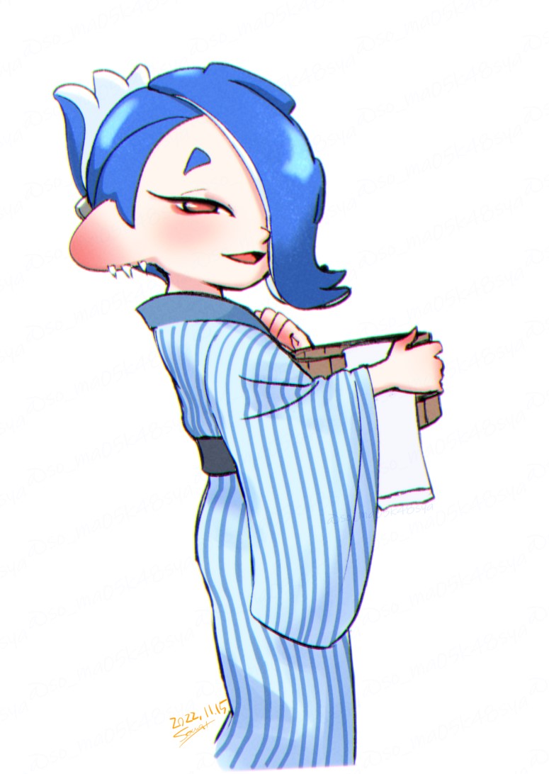 somakusha, shiver (splatoon), 1girl, 2022, alternate costume, blue hair, blush, bucket, dated, ear piercing, folded hair, hair over one eye, holding, holding bucket, japanese clothes, kimono, looking at viewer, looking to the side, octoling, open mouth, piercing, red eyes, smile, solo, tentacle hair, white background, wooden bucket, yukata