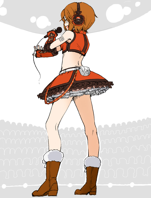daigoman, meiko (vocaloid), sakine meiko, vocaloid, 1girl, aged down, belt, boots, brown hair, female focus, fingerless gloves, full body, gloves, headphones, holding, kneepits, legs, microphone, midriff, music, short hair, singing, skirt, smile, solo, standing