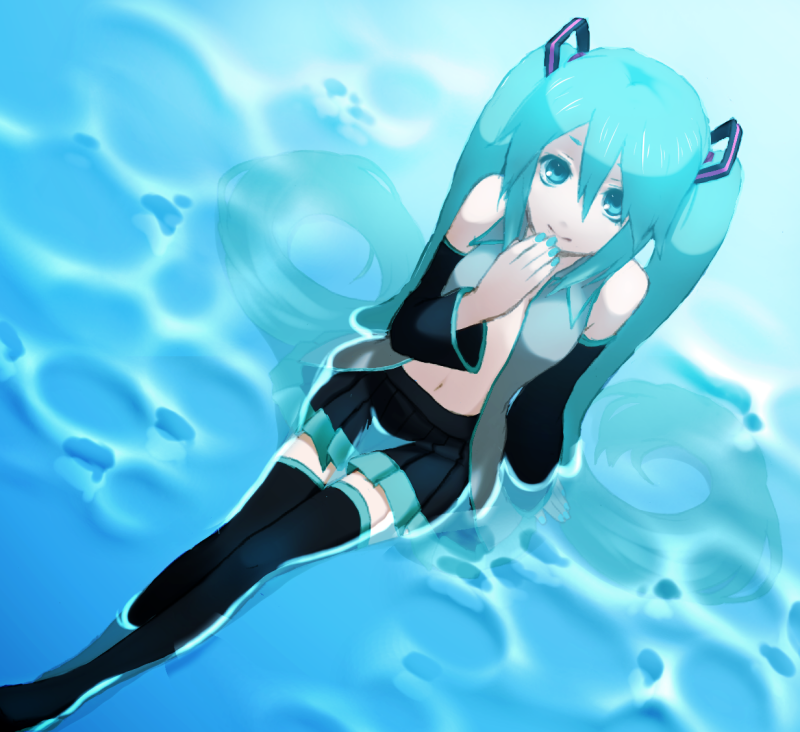 kmatsuda, matsuda toki, hatsune miku, vocaloid, bad id, bad pixiv id, 1girl, aqua eyes, aqua hair, detached sleeves, female focus, legs, long hair, navel, open clothes, open shirt, shirt, skirt, smile, solo, thighhighs, twintails, very long hair, water, zettai ryouiki