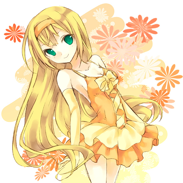 hariko, louise halevy, gundam, gundam 00, bad id, bad pixiv id, 00s, 1girl, blonde hair, dress, elbow gloves, female focus, gloves, green eyes, long hair, orange skirt, skirt, solo