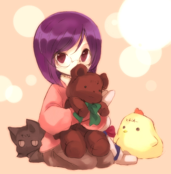hariko, tieria erde, gundam, gundam 00, bad id, bad pixiv id, 00s, 1boy, cat, chibi, doll, glasses, male focus, purple hair, red eyes, short hair, solo, stuffed animal, stuffed toy, teddy bear