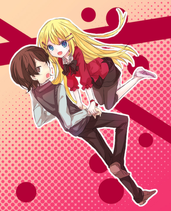 hariko, louise halevy, saji crossroad, gundam, gundam 00, bad id, bad pixiv id, 00s, 1boy, 1girl, blonde hair, blue eyes, bow, brown hair, couple, hair ornament, hairclip, halftone, halftone background, hetero, holding hands, long hair, polka dot, polka dot background, skirt