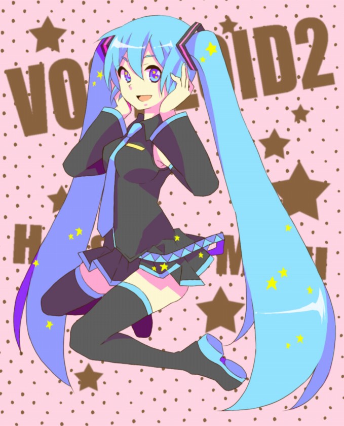 sgawarananto, hatsune miku, vocaloid, bad id, bad pixiv id, 1girl, aqua eyes, aqua hair, detached sleeves, female focus, full body, legs, long hair, necktie, skirt, smile, solo, thighhighs, twintails, very long hair, zettai ryouiki