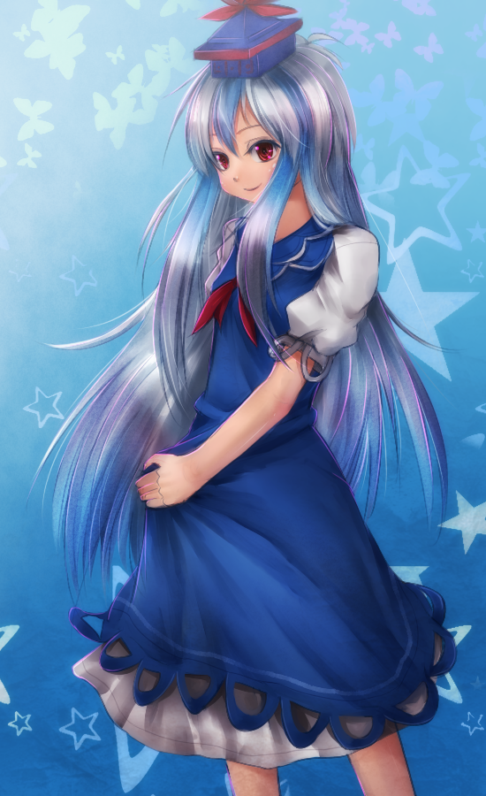 korichiru, kamishirasawa keine, touhou, silver hair, bad id, bad pixiv id, 1girl, blue hair, female focus, gradient background, hat, long hair, multicolored hair, red eyes, solo, standing