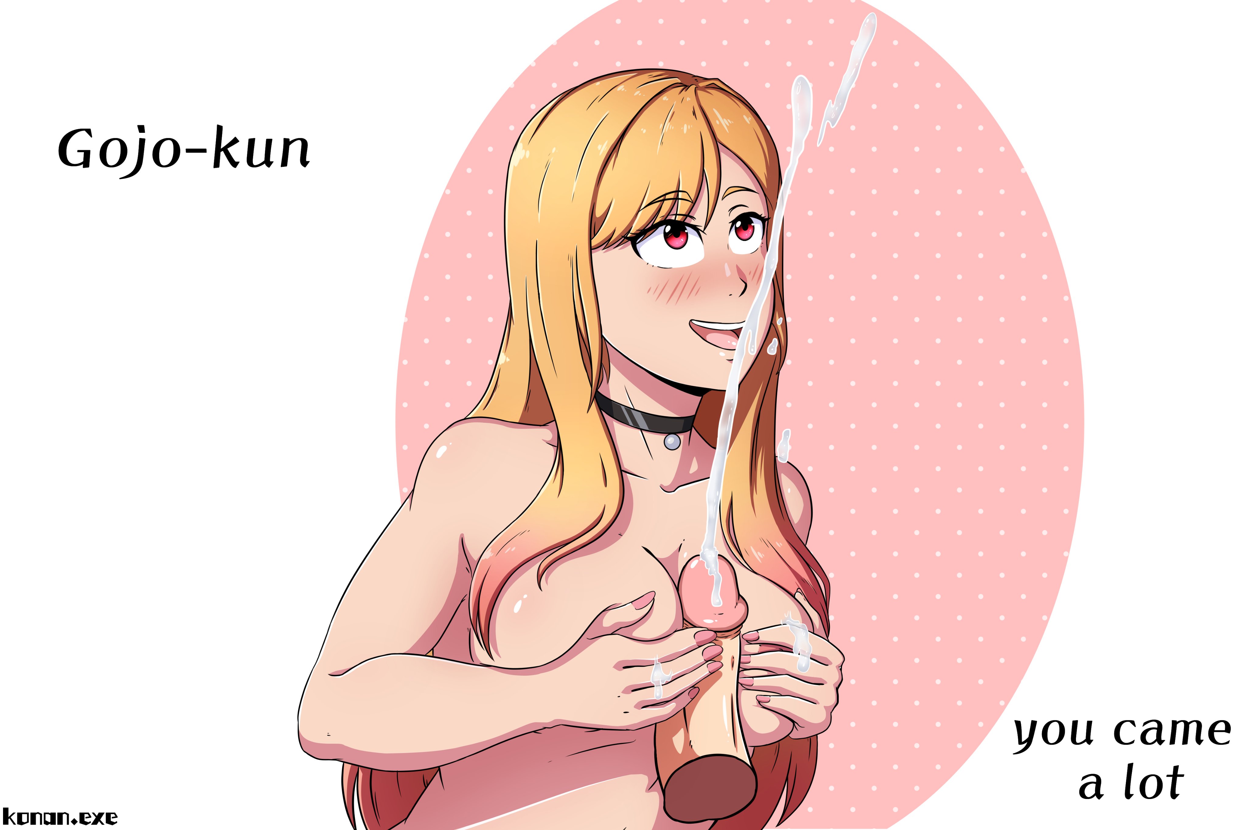 konan exe, kitagawa marin, sono bisque doll wa koi wo suru, 1boy, 1girl, artist name, blonde hair, blush, breasts, collarbone, colored tips, cum, disembodied penis, ejaculation, english text, eyelashes, grabbing own breast, gradient hair, hetero, large breasts, long hair, looking up, multicolored hair, open mouth, paizuri, penis, pink background, pink eyes, pink hair, simple background, smile, solo focus, teeth, two-tone background, two-tone hair, uncensored, upper body, upper teeth only, white background