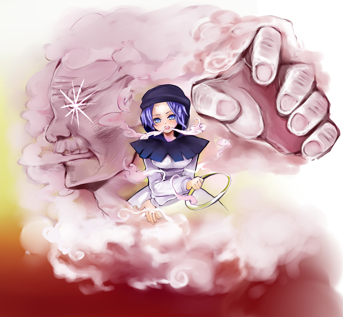 mushirou, kumoi ichirin, unzan, touhou, bad id, bad pixiv id, 1girl, blue eyes, bracelet, cloud, female focus, glowing, glowing eyes, hood, jewelry, purple hair, ring, short hair, solo