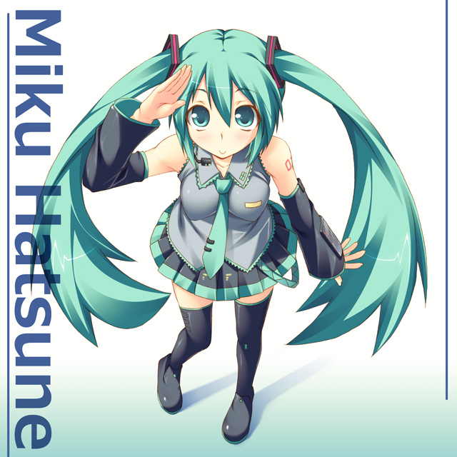 kazushiki midori, hatsune miku, vocaloid, 1girl, :>, aqua eyes, aqua hair, detached sleeves, female focus, headset, long hair, necktie, salute, skirt, smile, solo, thighhighs, twintails, zettai ryouiki