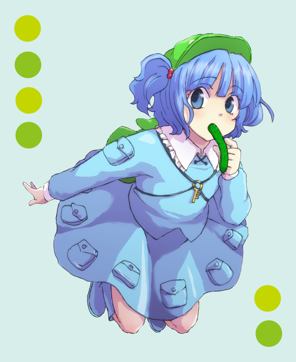 k15, kawashiro nitori, touhou, bad id, bad pixiv id, highres, 1girl, backpack, bag, blue eyes, blue hair, cucumber, female focus, hair bobbles, hair ornament, hat, key, matching hair/eyes, randoseru, short hair, solo, twintails, two side up