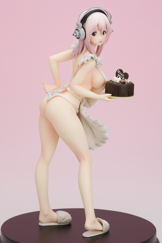 apron, blush, breasts, cake, figure, food, headphones, nude, pink hair, sideboob, slippers