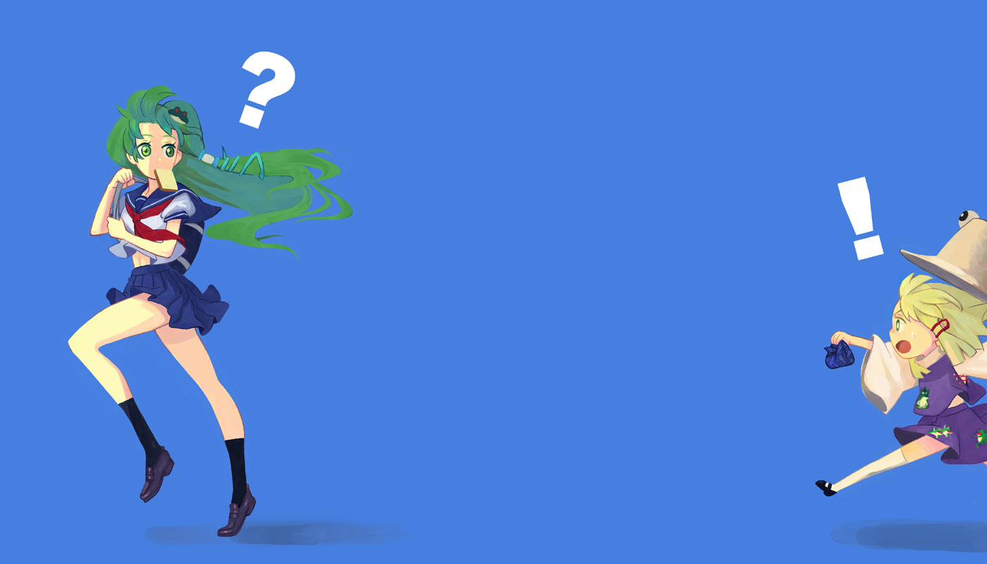 jean (jean sp), kochiya sanae, moriya suwako, touhou, 2girls, alternate costume, backpack, bag, bento, blonde hair, blue background, bread slice, chasing, female focus, food, food in mouth, frog, green eyes, green hair, hair ornament, hat, long hair, mouth hold, multiple girls, randoseru, running, school uniform, serafuku, short hair, simple background, snake, toast, toast in mouth