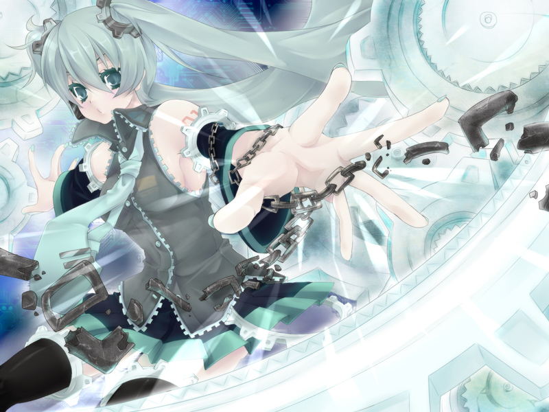 shiijima shiguma, hatsune miku, vocaloid, bad id, bad pixiv id, 1girl, aqua eyes, aqua hair, chain, detached sleeves, female focus, gears, headphones, long hair, necktie, skirt, solo, thighhighs, twintails, zettai ryouiki