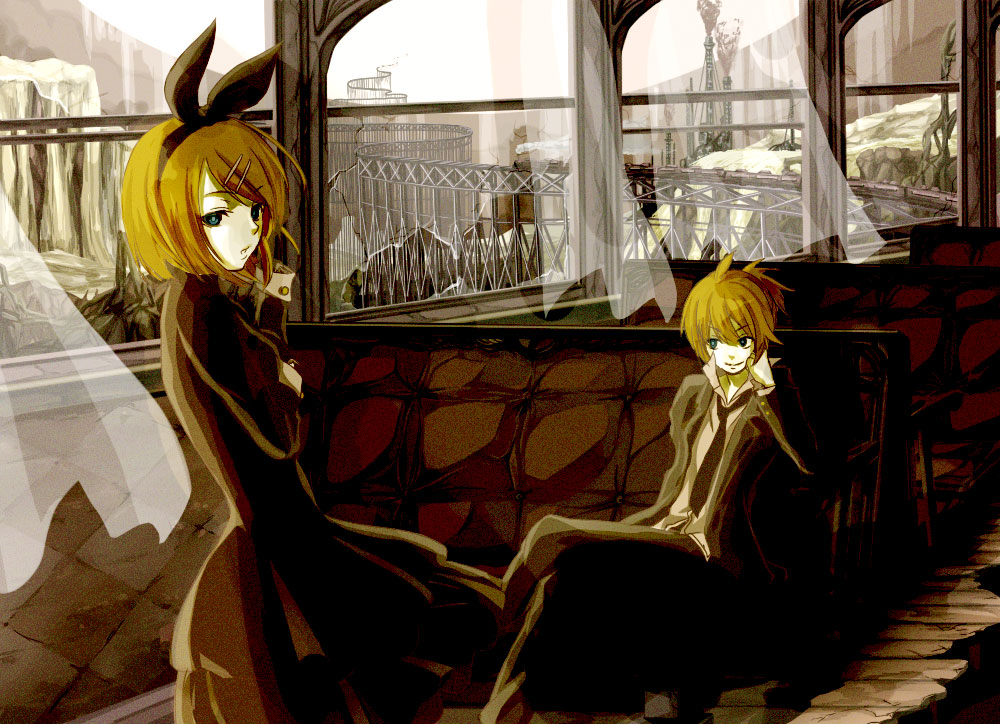 takesita, kagamine len, kagamine rin, sand scraper (vocaloid), vocaloid, bad id, bad pixiv id, 1boy, 1girl, aqua eyes, black dress, blonde hair, brother and sister, crossed legs, dress, formal clothes, hair ornament, hair ribbon, hairclip, necktie, railroad tracks, ribbon, short hair, siblings, sitting, smile, suit, train, train interior, twins