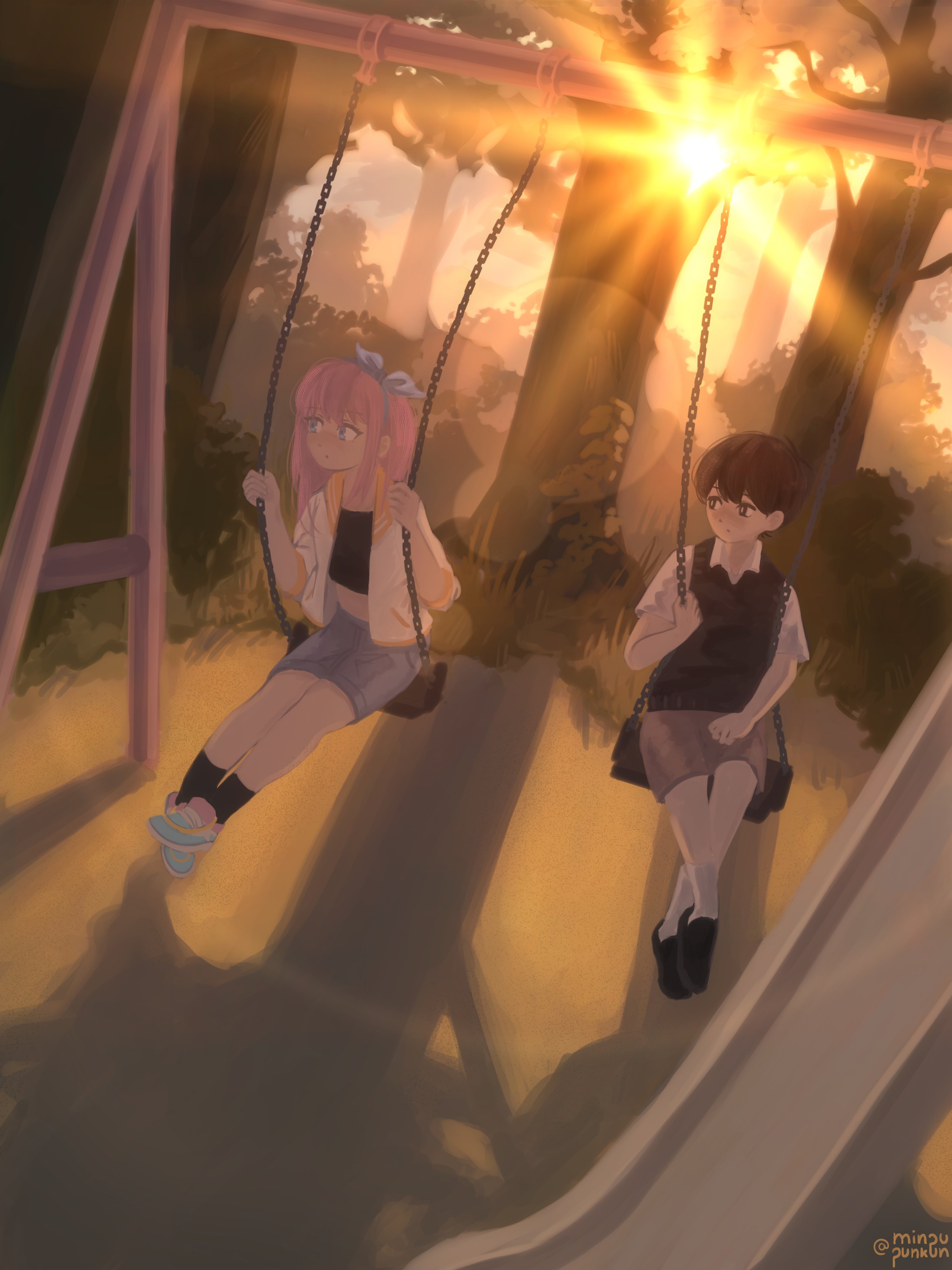 minpupunkun, aubrey (faraway) (omori), aubrey (omori), sunny (omori), omori, absurdres, commentary, english commentary, highres, 1boy, 1girl, antenna hair, black eyes, black hair, black shoes, black socks, black sweater vest, blue eyes, blue skirt, bright pupils, brown shorts, closed mouth, collared shirt, crop top, denim, denim skirt, evening, jacket, lens flare, long hair, looking at another, on swing, open clothes, open jacket, outdoors, pink hair, shirt, shoes, short-sleeved jacket, short hair, short sleeves, shorts, sidelocks, sitting, skirt, sneakers, socks, sunset, sweater vest, swing, tree, white jacket, white pupils, white shirt, white socks