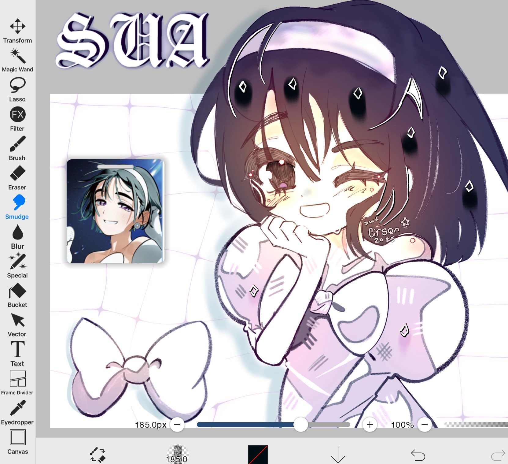 cirsqn, sua (alien stage), alien stage, commentary, english commentary, highres, 1girl, art program in frame, black eyes, bow, character name, choppy bangs, deformed, dress, gloves, hair ornament, hairband, hand on own chin, hand up, head rest, looking at viewer, one eye closed, puffy short sleeves, puffy sleeves, purple eyes, purple hair, reference inset, short hair, short sleeves, smile, white bow, white dress, white gloves, white hairband