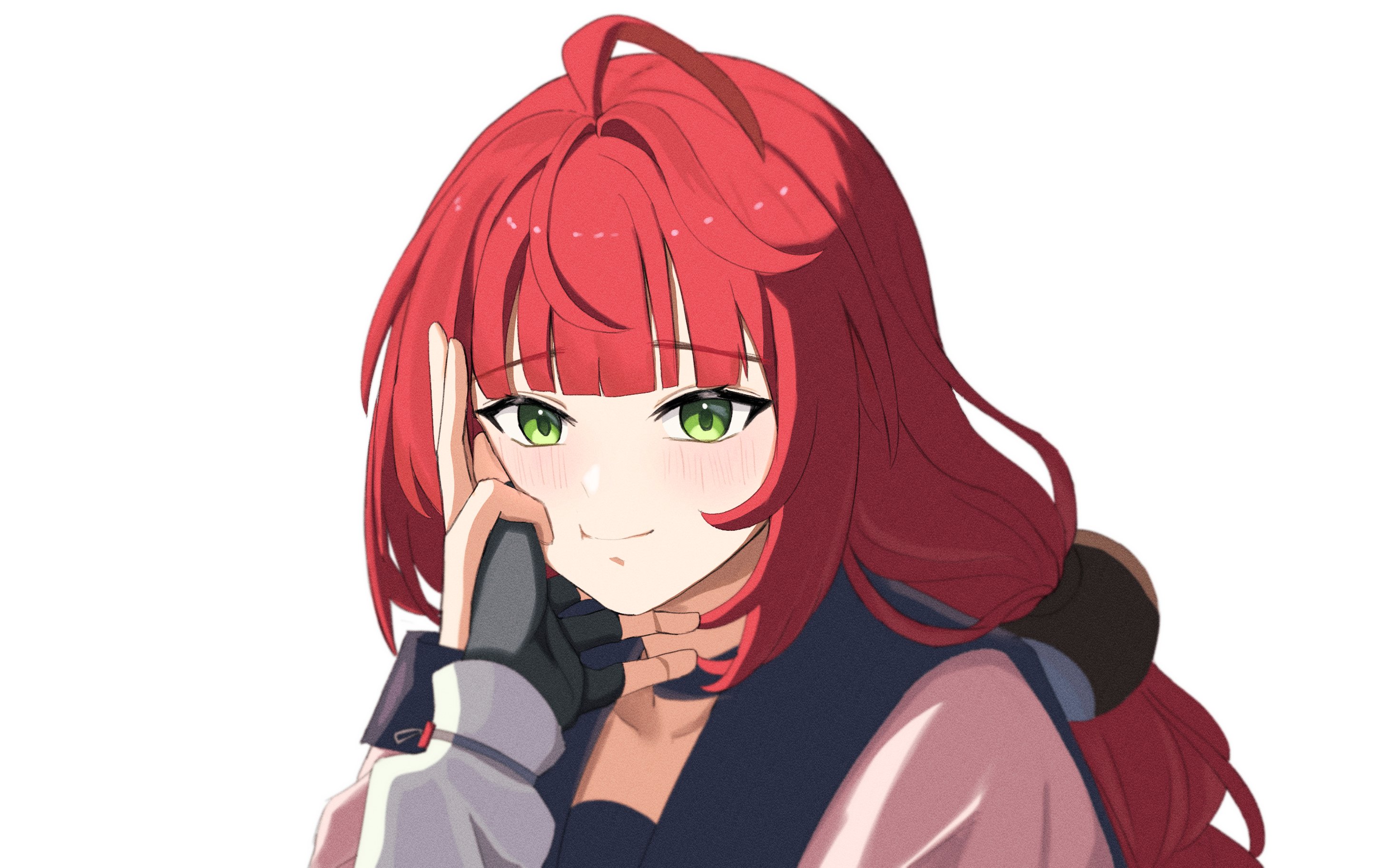 es030103010301, alice thymefield, ukinami yuzuha, zenless zone zero, highres, 2girls, ahoge, black gloves, black sailor collar, braid, braided twintails, cardigan, closed mouth, collarbone, fingerless gloves, gloves, green eyes, hair ornament, hand on another's face, hand on another's hand, long hair, looking at viewer, multiple girls, pink cardigan, pov, pov hands, red hair, sailor collar, smile, sphere hair ornament, yuri