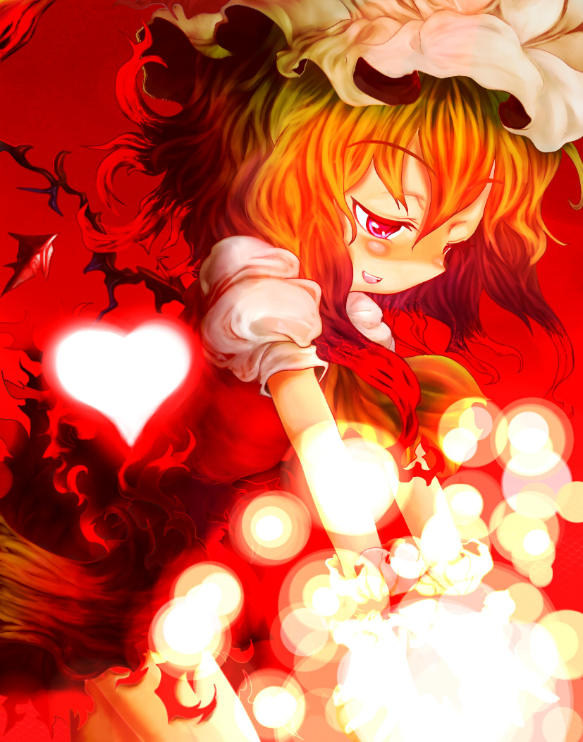 sumisu (mondo), flandre scarlet, touhou, light, 1girl, blonde hair, danmaku, female focus, hat, heart, light particles, looking down, magic, open mouth, red eyes, short hair, smile, solo, wings