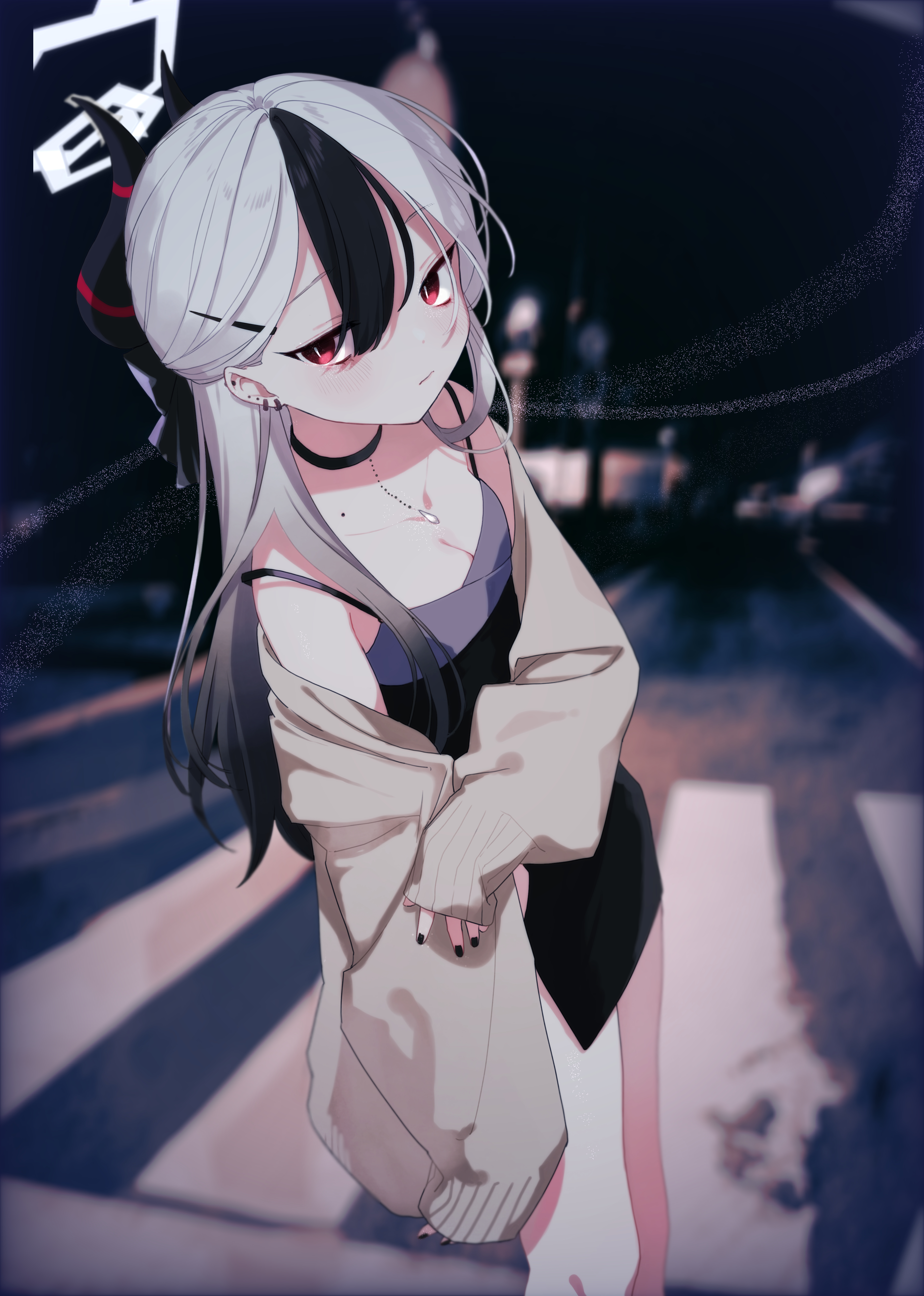 kisaka, kayoko (blue archive), kayoko (dress) (blue archive), blue archive, absurdres, commentary request, highres, 1girl, arm under breasts, black bow, black choker, black dress, black hair, black horns, black nails, blurry, blurry background, blush, bow, breasts, bright pupils, brown cardigan, cardigan, choker, cleavage, closed mouth, collarbone, cowboy shot, dark, demon girl, demon horns, dress, ear piercing, gradient hair, grey hair, hair behind ear, hair between eyes, hair bow, hair ornament, hairclip, halo, horns, light frown, long hair, looking at viewer, mole, mole on collarbone, multicolored hair, nail polish, night, official alternate costume, official alternate hairstyle, open cardigan, open clothes, outdoors, photo background, piercing, red eyes, short dress, sleeveless, sleeveless dress, sleeves past wrists, slit pupils, small breasts, solo, tsurime, two-tone hair, white halo, white pupils