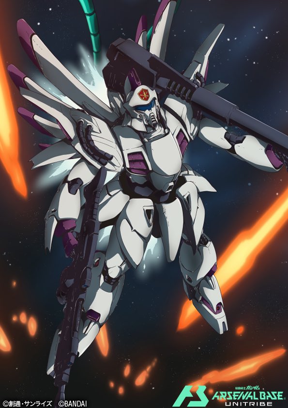 gorou (pixiv3249935), vigna ghina, gundam, gundam arsenal base, gundam f91, commentary request, official art, assault visor, beam rifle, blue visor, card (medium), company name, copyright logo, copyright name, copyright notice, crossbone vanguard, energy gun, holding, holding weapon, logo, mecha, mecha focus, mobile suit, no humans, robot, science fiction, solo, space, weapon