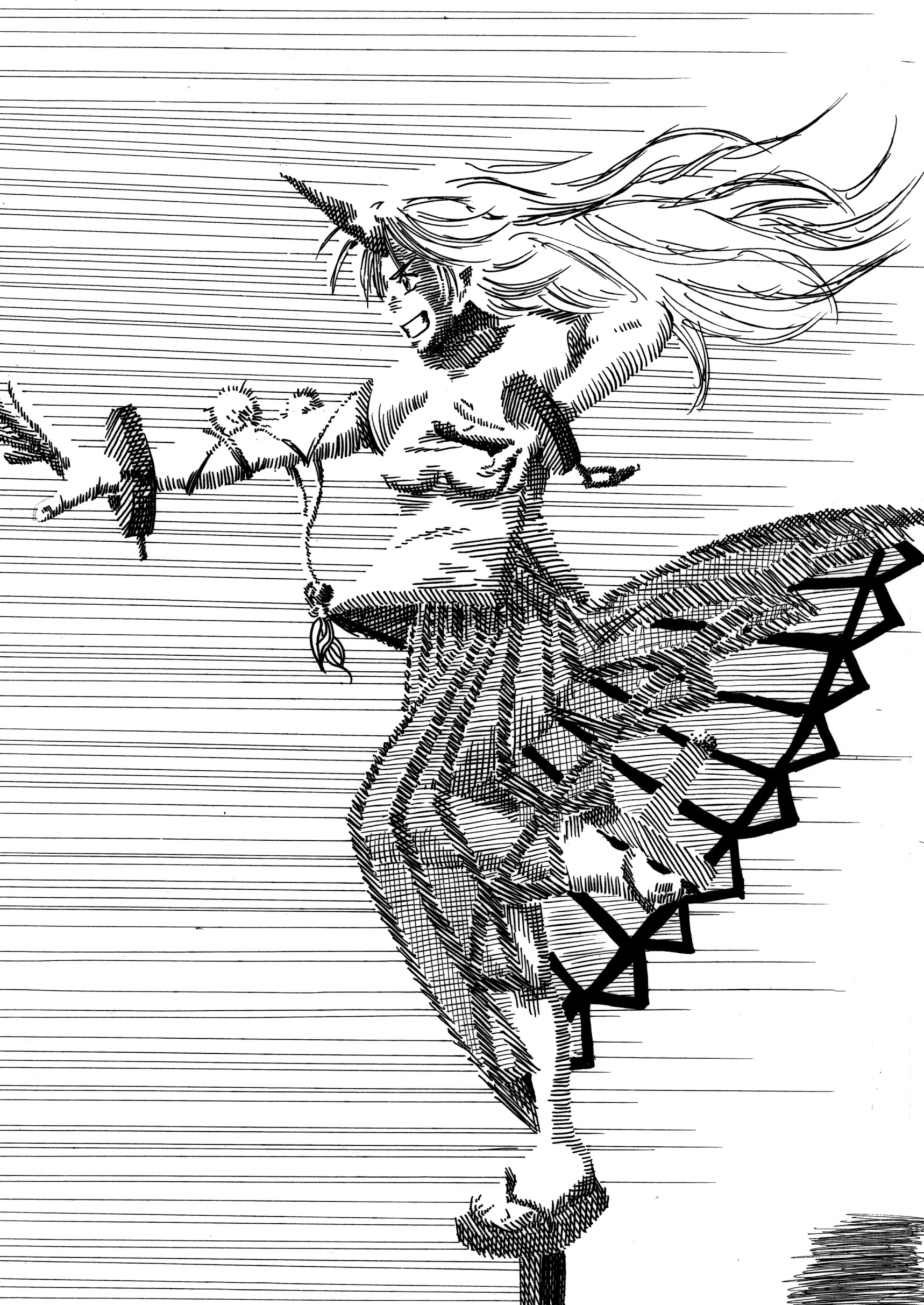 aozame, hoshiguma yuugi, touhou, absurdres, highres, 1girl, female focus, greyscale, horns, lineart, monochrome, see-through clothes, single horn, solo